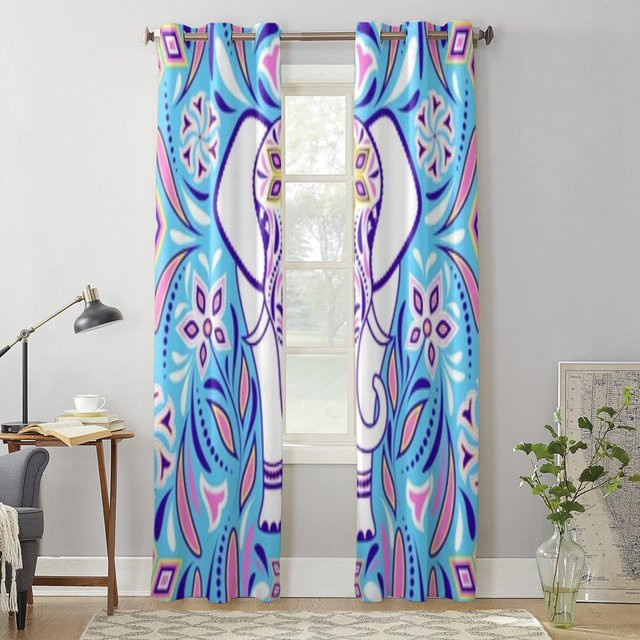 Super Six Fenstervorhang mit Elefant und abstrakten Blumen, Blau, Breite: 135 cm, Höhe: 60 cm - Bild 1