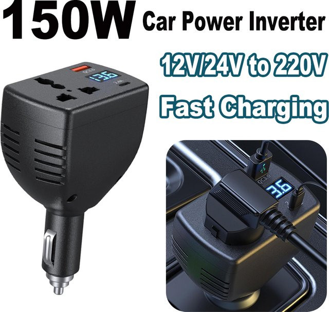 kebidumei Wechselrichter Auto-Stromadapter 150W mit Display und USB-C Ladegerät, DC 12V 24V zu AC 220V, Schwarz - Bild 1