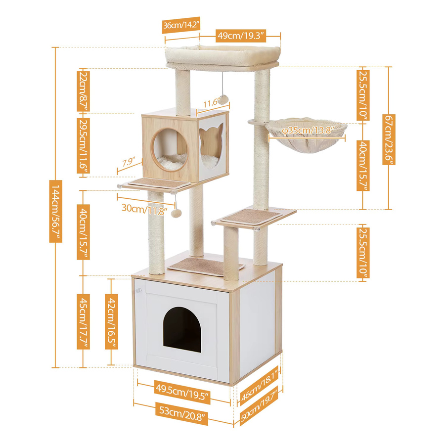 PAWZ Road Kratzbaum aus Holz in Beige mit Katzenwohnung, Hängematte und integrierter Katzentoilette sowie Stauraumschrank und Sisal-Elementen - Bild 2