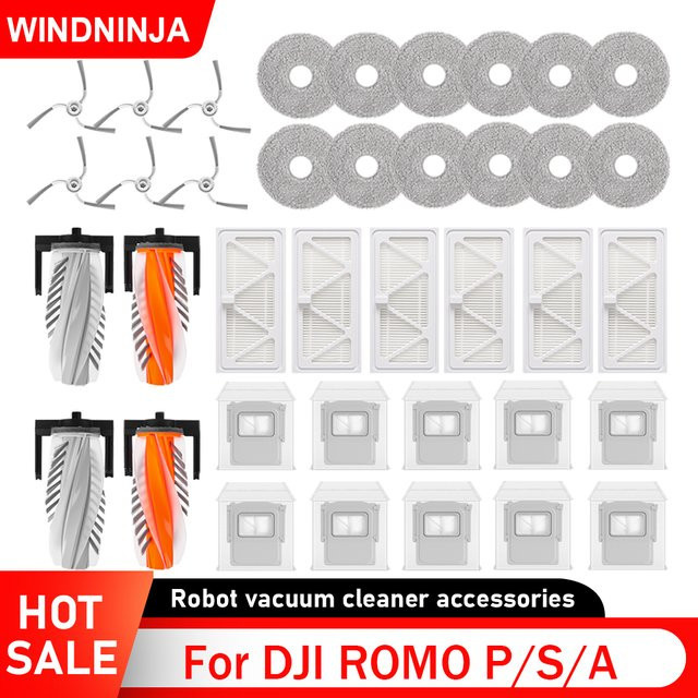 WINDNINJA Ersatzteil-Set für DJI ROMO P ROMO S ROMO A Staubsauger mit Hauptbürste, Mopp-Pad, HEPA-Filter und Staubbeutel in Weiß - Bild 1