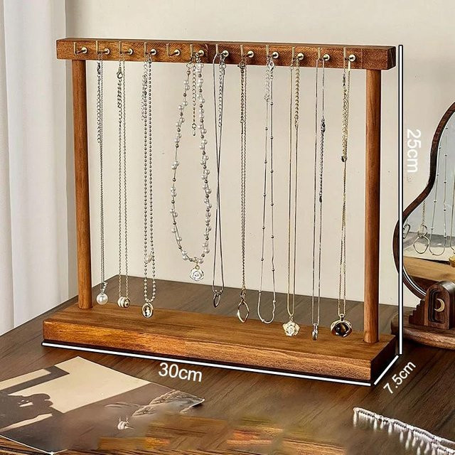 SZwatch Schmuck-Organizer aus Massivholz mit 12 Haken für Halsketten, Ohrringe und Armbänder in Holzfarbe - Bild 1