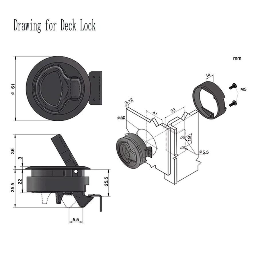 APWIKOGER Flush Pull Latch Marine Verschluss in Schwarz Matt für Boot, Wohnmobil und Schränke - Bild 3