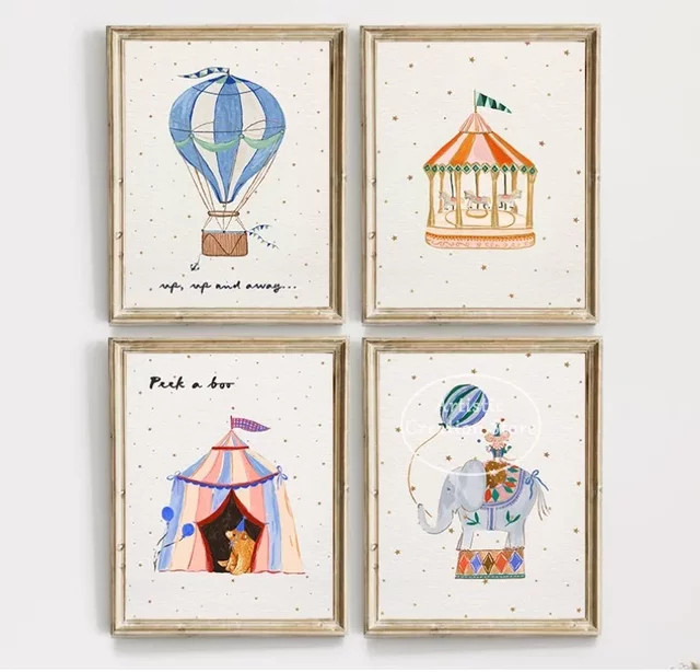 Potdemiel Aquarell Wandkunst Leinwand Poster mit Zirkus Karussell und Tieren für den Kindergarten - Bild 1