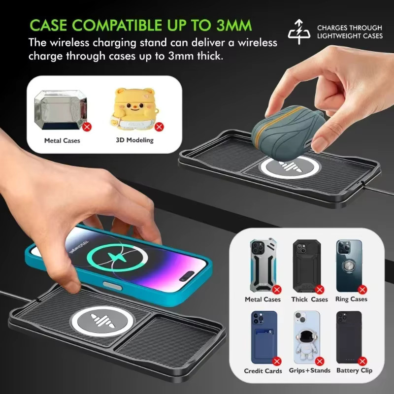 VIKEFON Drahtloses Auto-Ladegerät mit USB-A und USB-C Kabel, Schnelle Ladestation in Schwarz für iPhone, Samsung, Xiaomi und AirPods Pro 2 - Bild 2