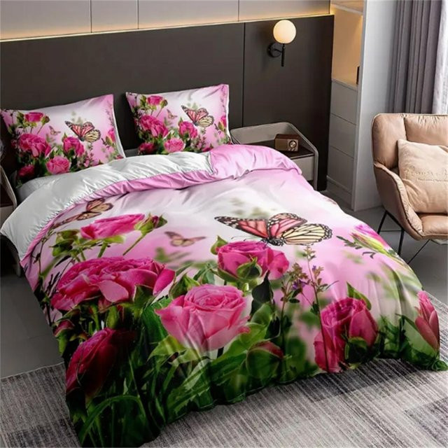 3-teiliges Bettbezug-Set JMG Household Supplies mit Rosen- und Schmetterlings-Digitaldruck in Rosa, Material Mikrofaser-Polyester, B/H: 180 x 210 cm - Bild 1