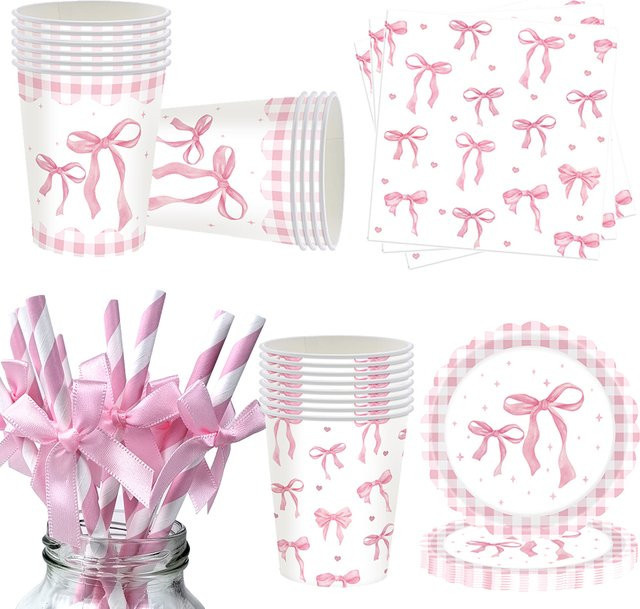 Einweggeschirr Set mit Rosa Schleife Motiv für Babyparty und Geburtstag, bestehend aus Tellern, Tassen, Servietten und Strohhalmen in Pink - Bild 1