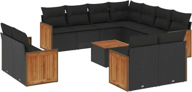 vidaXL 12-tlg. Garten-Sofagarnitur aus Poly-Rattan und Akazienholz mit Kissen, Schwarz - Bild 1