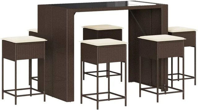 vidaXL 7-tlg Gartenbar-Set aus braunem PE-Rattan mit Kissen und Hartglas-Tisch - Bild 1