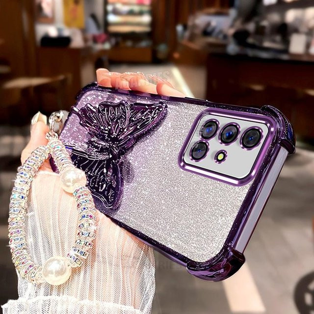 Stoßfeste Silikonhülle mit Schmetterlings-Design und Lanyard-Halterung für Samsung Galaxy A51 A71 A31 A12 A22 5G in Transparent Purple - Bild 1