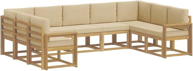 vidaXL Outdoor-Sofagarnitur aus Akazienholz mit Kissen, 9-teiliges Gartenmöbel-Set in Weiß und Beige - Bild 1