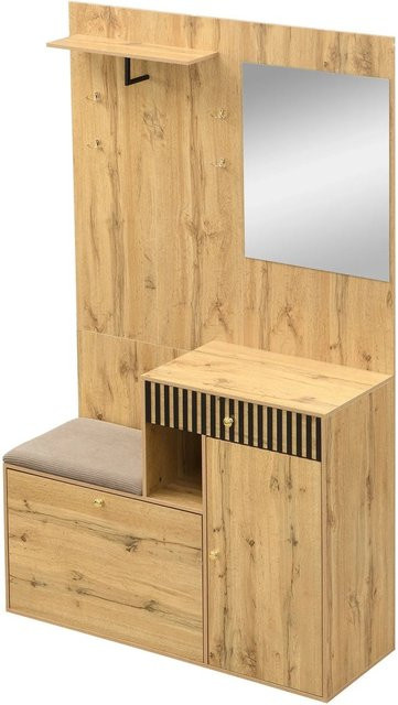 okwish Garderoben Set mit Spiegel und Polsterkissen in Natur, modern für den Flur, B/T/H: 110 x 37 x 185,5 cm - Bild 1