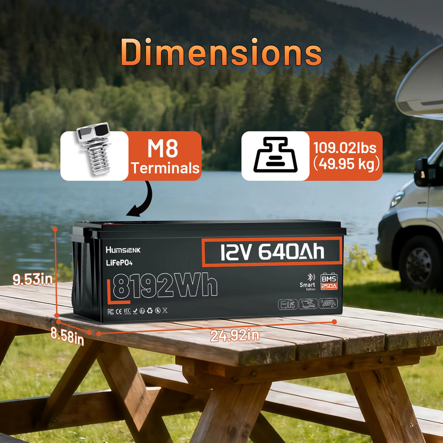 Humsienk 12V 640Ah LiFePO4 Lithium-Batterie mit Bluetooth in Schwarz, 250A BMS, 15000+ Zyklen, IP65 & Tieftemperaturschutz, 8192Wh Ausgangsleistung - Bild 2