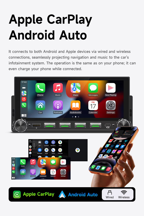 BQCC 1Din Autoradio mit 6,86 Zoll Display, Bluetooth, FM, 7-Farben LED-Beleuchtung, 33W, Typ-C Ladegerät, kabelloses CarPlay und Android Auto, Schwarz - Bild 2