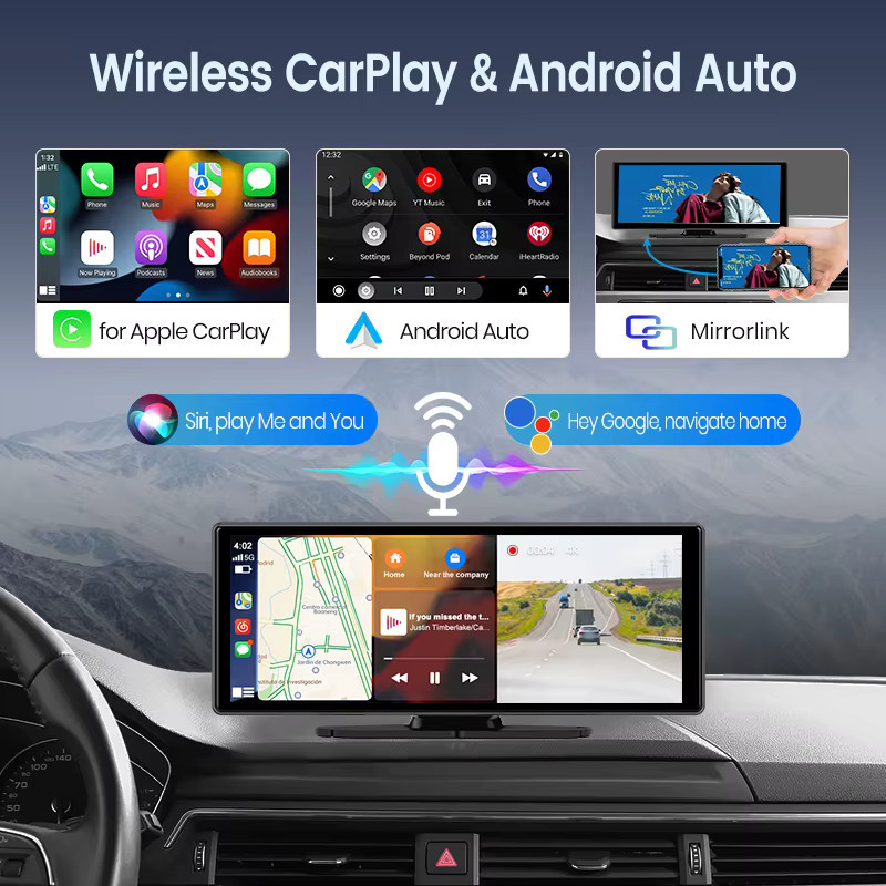 Junsun 4K Dashcam mit 10,26 Zoll IPS-Touchscreen, kabelloses Apple CarPlay und Android Auto, GPS-Navigation, Dual-Objektiv-Rückfahrkamera und Bluetooth, Schwarz - Bild 2