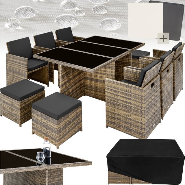 tectake Aluminium Rattan Sitzgruppe für Garten in Beige oder Braun mit Tisch und Stühlen - Bild 1