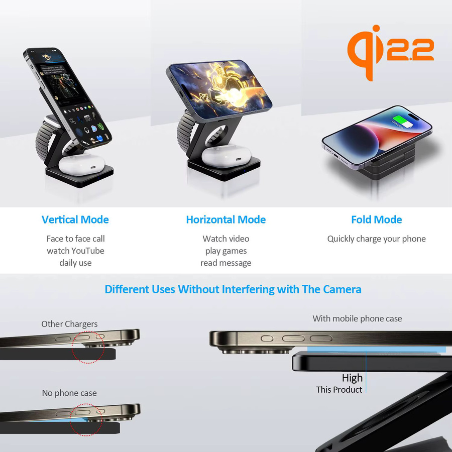 ILEPO 3-in-1 Magnetischer Qi2 Kabelloser Ladeständer 25W Faltbar für iPhone, Apple Watch und AirPods in Silber - Bild 3