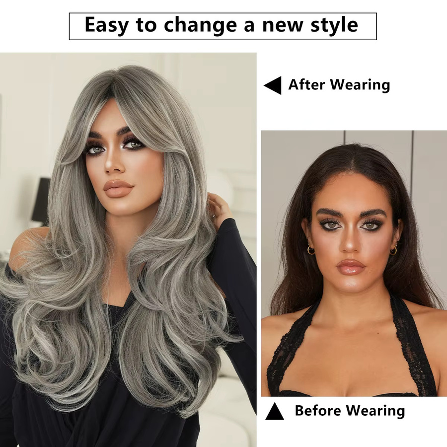 NAMM Perücke, lange wellige aschgraue Synthetik-Haare, dunkle Wurzeln - Bild 3