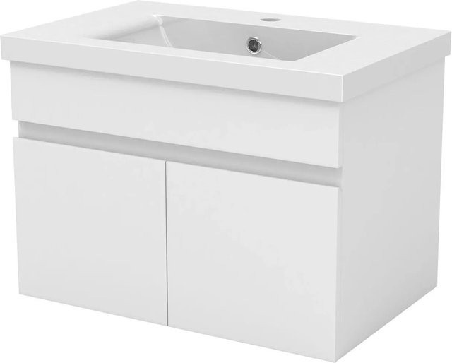 AICA Badmöbel BERGEN 2-teiliges Waschbecken-Set mit Keramik-Waschtisch und Unterschrank, Matt Weiß, Wandmontage, Softclose-Türen, Breite: 60 cm - Bild 1