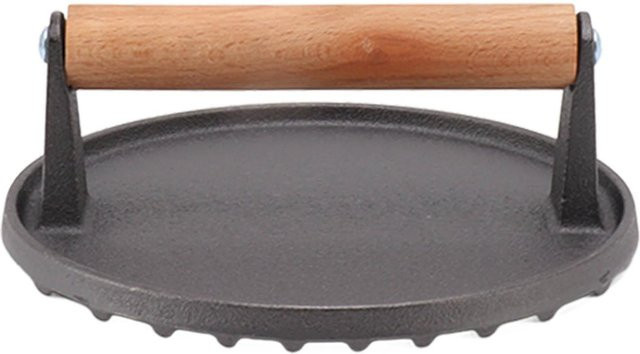 TOMTOP JMS Grillpresse aus Gusseisen mit Holzgriff und geriffelter Oberfläche in Braun, runde Fleischpresse für BBQ, Burger und Speck - Bild 1