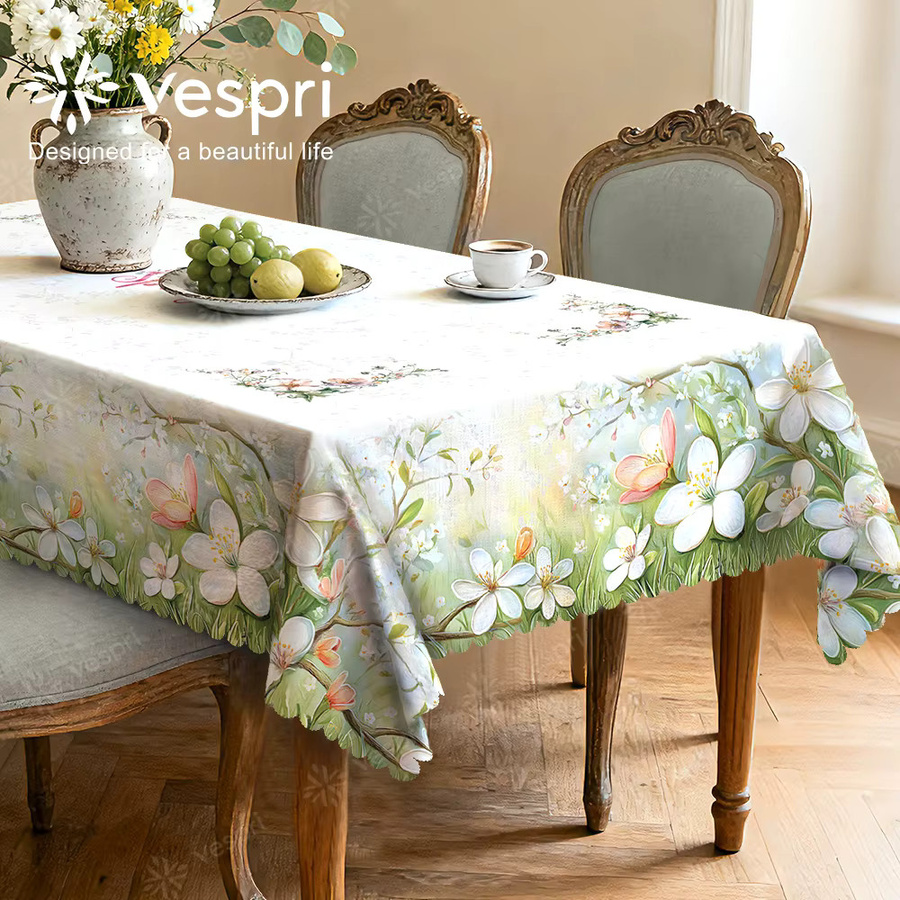 Vespri Blumen-Tischdecke mit floralem Muster in Weiß und Grün aus Polyester für Ostern und Frühling - Bild 2