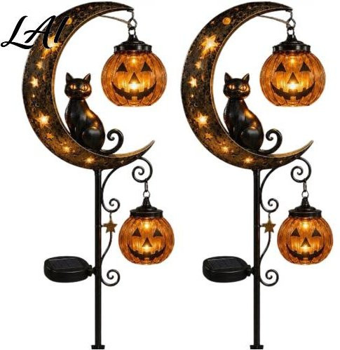 Orionis Halloween Solar-Gartenstecker Set mit Sichelmond, schwarzer Katze und Kürbis, wasserfeste Wegdekoration in Schwarz und Multicolour - Bild 1