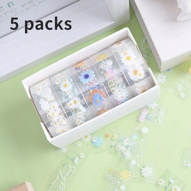 5 Rollen Transparentes Dekoband Love Home Garden mit Gänseblümchen-Muster, Selbstklebender Washi Sticker aus PET, Wasserdicht, Transparent/Weiß - Bild 1