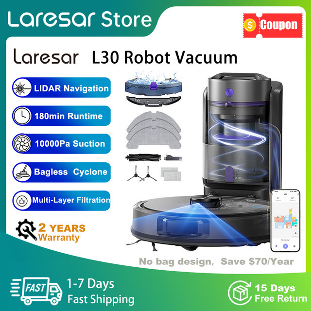 Laresar L30 Saugroboter und Wischroboter mit LiDAR-Navigation, beutellose Zyklonabsaugung 10000Pa, Schwarz - Bild 1