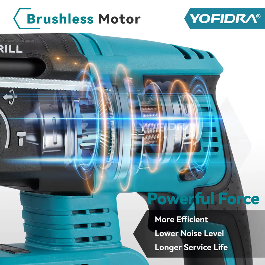 YOFIDRA Bürstenloser elektrischer Bohrhammer 26mm kabelloser Multifunktions-Schlagbohrer kompatibel mit Makita 18V-21V Akku - Bild 3