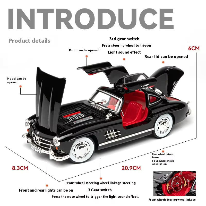 Mercedes-Benz 300SL Oldtimer, Modellauto, 1:24, Metall, mit Licht und Sound - Bild 2