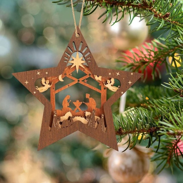 Handgefertigter Weihnachtsbaumschmuck aus Holz in Sternform als Krippen-Dekoration, Farbe Braun - Bild 1