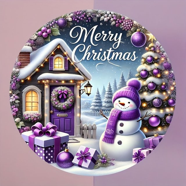 Potdemiel Rundes Aluminiumschild Frohe Weihnachten mit lila Schneemann, Durchmesser: 20,3 cm - Bild 1
