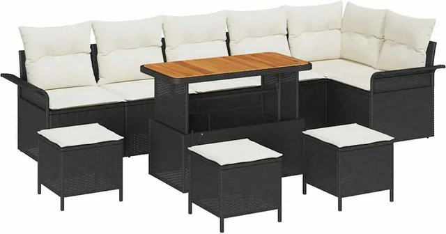 vidaXL Garten-Sofa-Set 10-teilig aus Poly-Rattan und Akazienholz in Schwarz mit Ecksofa, Zweisitzern, Sesseln, Hockern und Tisch - Bild 1