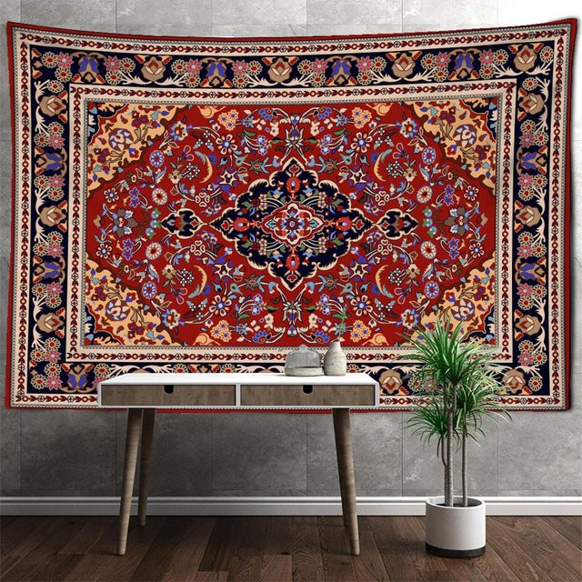 Retro Mandala Wandteppich im Boho-Stil mit geometrischen Blumenmotiven, Farbe: Rot, B/H: 320 x 182 cm - Bild 1