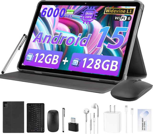 Paitanry Android 15 Tablet mit 10,1 Zoll Display, Octa-Core-Prozessor, 12 GB RAM, 128 GB ROM, 1 TB Erweiterung, Widevine L1 und 6000 mAh Akku, Schwarz - Bild 1