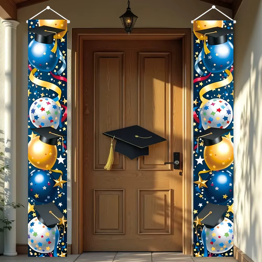 OURFETE Abschluss-Türbanner mit Abschlusskappe und Ballon-Motiv in Blau-Gold für deine Abschlussfeier 2026, B: 30 cm, H: 180 cm, T: 30 cm - Bild 2