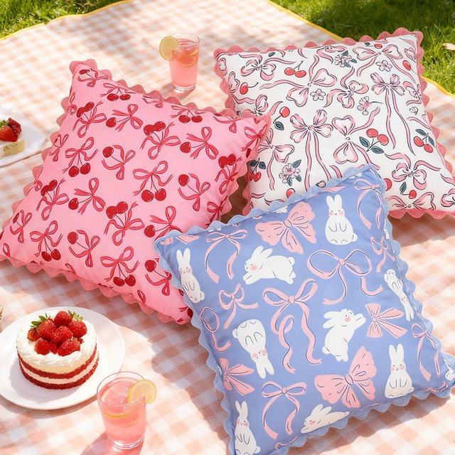 BUYNOW Kissenbezug mit Bouquet- und Schleifenprint sowie gebogener Spitze für Wohnzimmer und Bett in Cottage-Stil - Bild 1