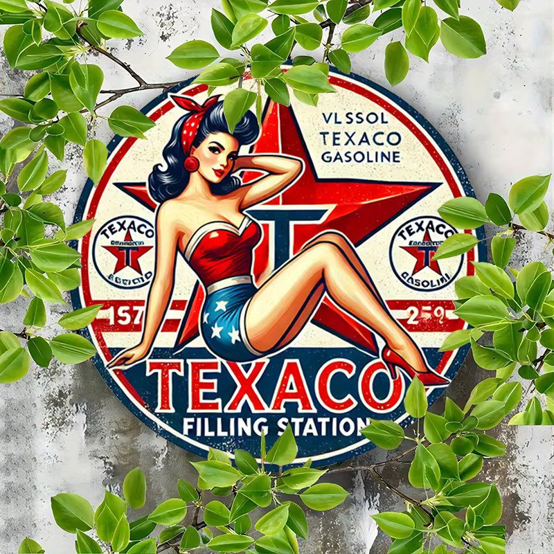 Potdemiel Vintage Texaco Rundes Aluminiumschild – Retro Pin-Up Metallblech-Wandkunst in Mehrfarbig, Durchmesser: 20 cm - Bild 6