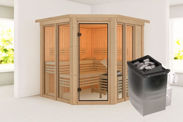 Karibu Sauna AIRI in Braun mit 9.0 kW Ofen, integrierter Steuerung und Dachkranz, B/T/H: 196 x 196 x 198 cm