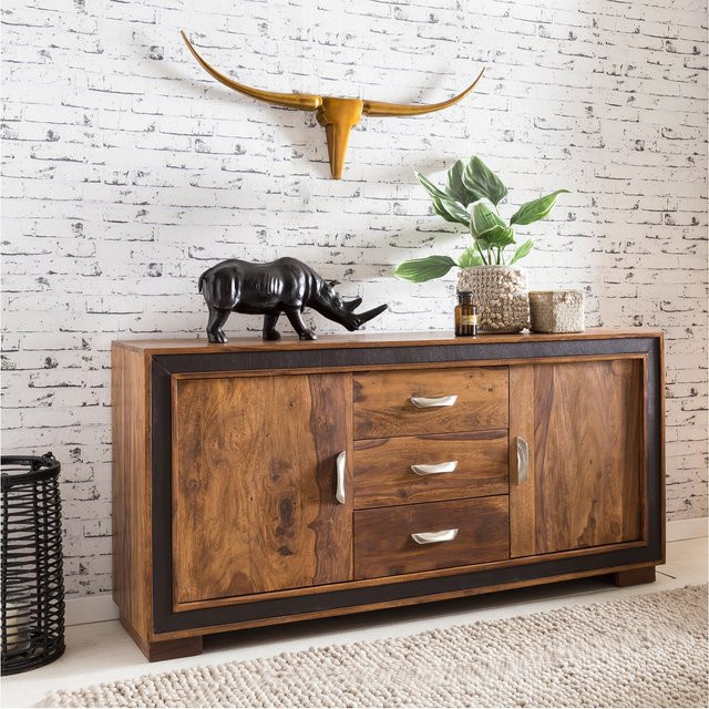 Finebuy Massivholz Sideboard Sheesham in Braun mit 2 Türen und 3 Schubladen sowie Lederumrandung, Breite: 160 cm - Bild 1