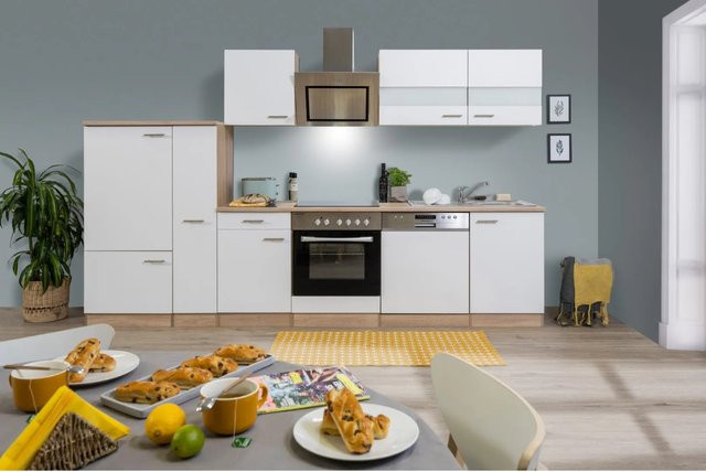 Respekta Economy Küchenzeile KB310ESWSC in Weiß-Eiche Sägerau mit Soft-Close-Türen und Glaselementen, Breite: 310 cm, Tiefe: 55,5 cm - Bild 1
