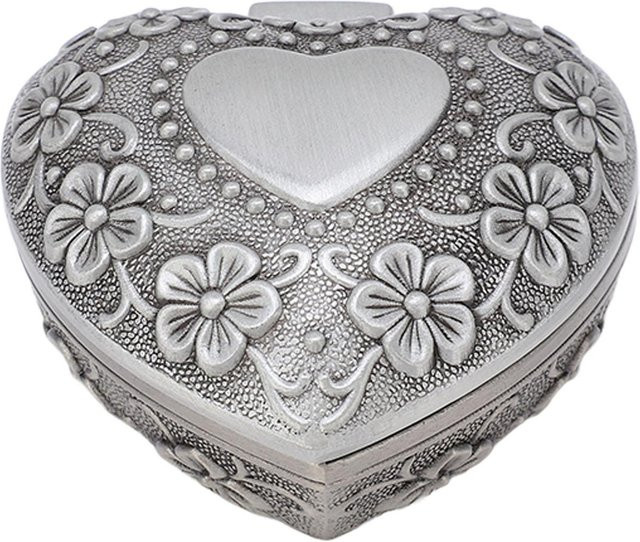 GoolRC Herzförmige Schmuckschatulle im Retro-Stil mit Blumen-Schnitzmuster aus Metall und Samtfutter - Bild 1