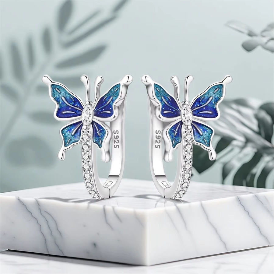 PANPOKI Creolen, 925 Silber, blaue Schmetterling, Zirkonia, Damen - Bild 4