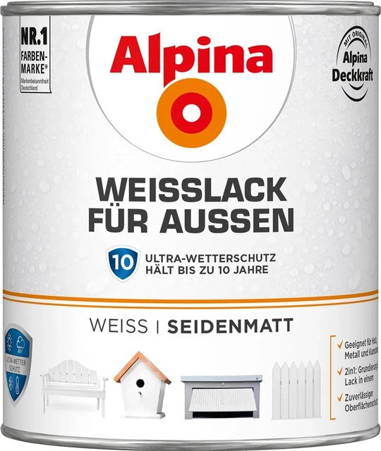 Alpina Weißlack für Außen, seidenmatt, Weiß, 750 ml - Bild 1