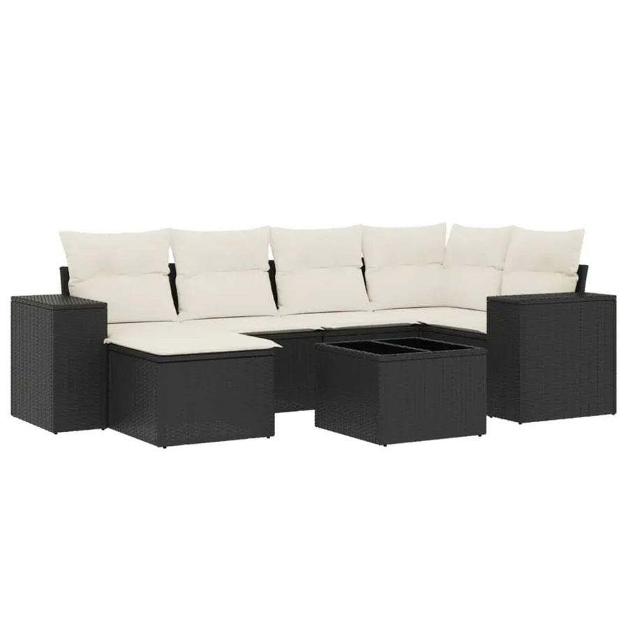 vidaXL 7-teilige Garten-Sofagarnitur in L-Form aus Poly-Rattan in Schwarz mit Kissen und Armlehnen - Bild 2
