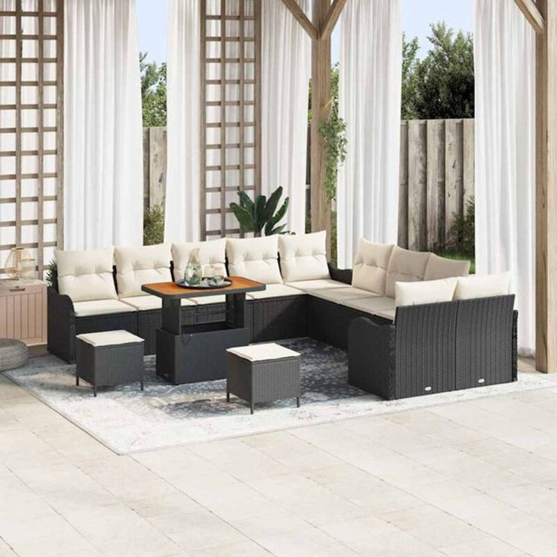 Vidaxl Garten-Sofa-Set aus Polyrattan und Akazie, 12-teiliges Loungemöbel in Schwarz und Creme, B/T/H: 90 x 55 x 71 cm - Bild 1