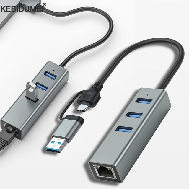 kebidumei USB-C Hub mit 3 USB 3.0 Ports und Gigabit Ethernet RJ45 Adapter, Grau - Bild 1