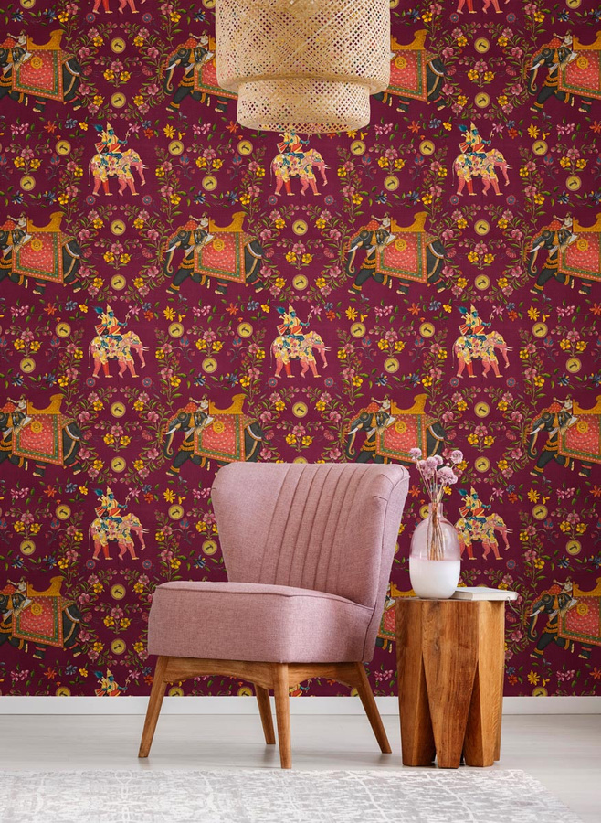 MINDTHEGAP Fototapete Aristocracy Burgundy mit botanischen und tierischen Motiven in Rot, Breite: 520 cm, Höhe: 300 cm - Bild 1