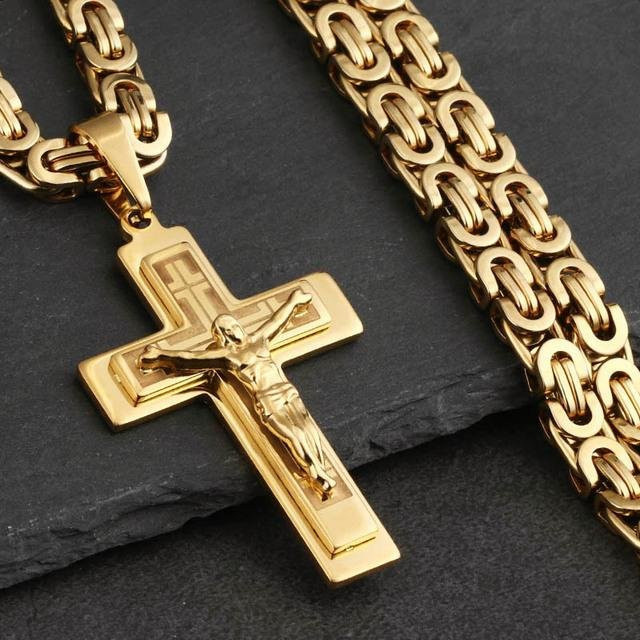 Halskette Jesus Kreuz, Edelstahl, Gold, 60 cm, Herren - Bild 1
