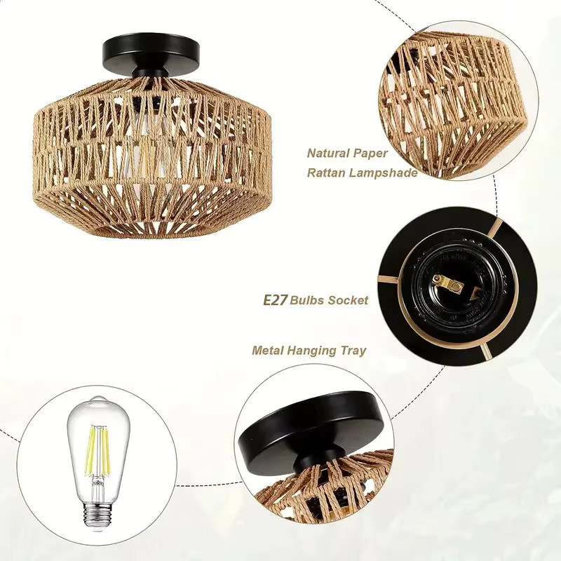 IRALAN Retro Pendelleuchte aus Bambus und Rattan in Braun, handgewebter Lampenschirm in runder Form für E27 LED, Durchmesser: 30 cm - Bild 5