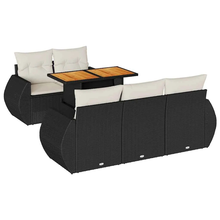 vidaXL 6-teilige Garten-Sofagarnitur in L-Form aus Polyrattan und Akazienholz mit Kissen in Schwarz und Cremeweiß - Bild 2